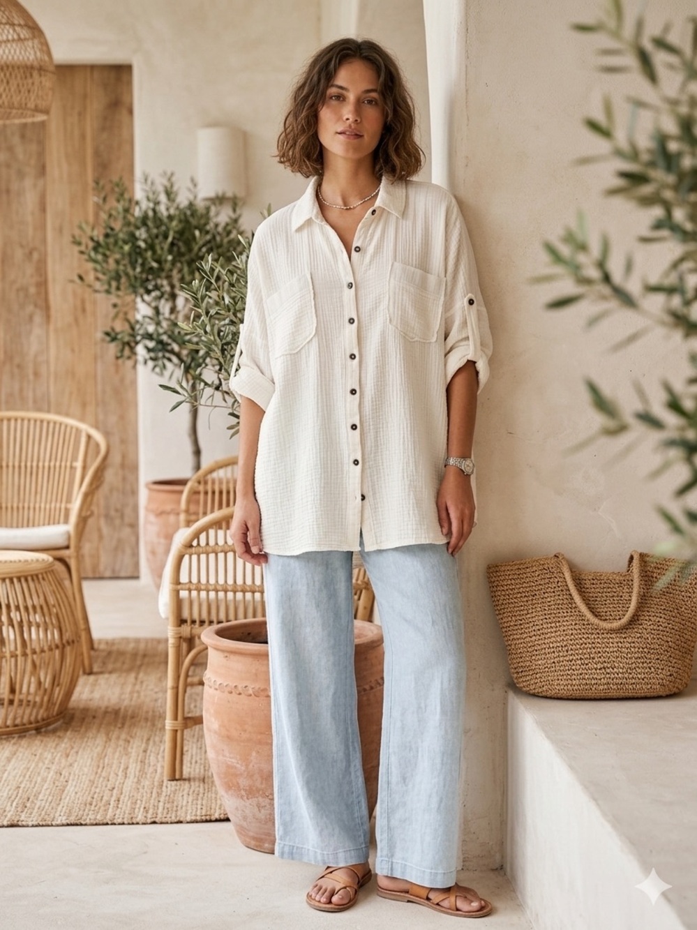 Carole Christian White Cotton Gauze Roll-Tab Button Down Blouse Large